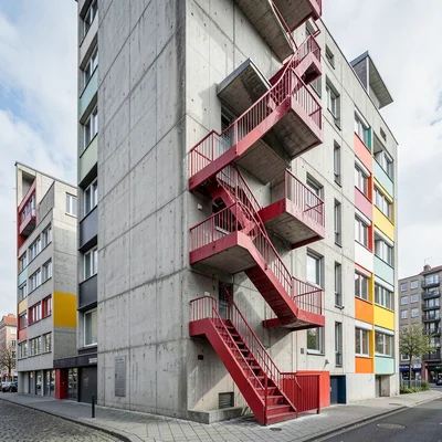 Post-war reconstruction modernism, Rotterdam radical geometry, A red fire escape