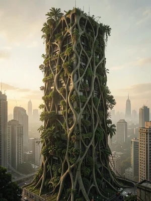 Skyscraper covered in vertical gardens that have taken over, nature reclaiming t