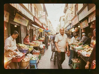Market scene with desaturated warmth