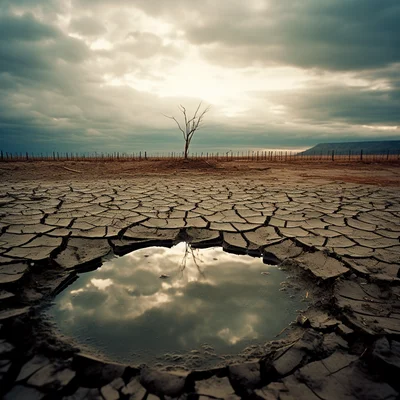 Photo In a dry barren land a mirror reflects a scene