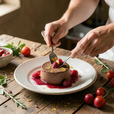 Hands plating a gourmet dessert — chocolate mousse with gold leaf and raspberry 