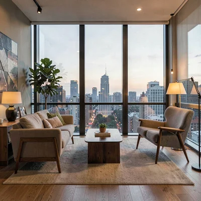 modern condo living room with floor-to-ceiling city view, soft evening light, mi