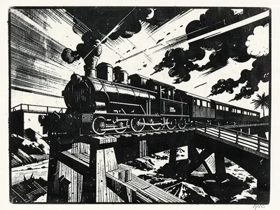 Train crossing a viaduct, locomotive as angular black mass, smoke slashed