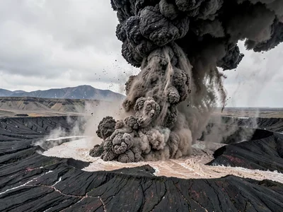 Eruption column collapsing into flow