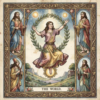 Tarot card illustration, The World dancer in wreath, four evangelists at corners