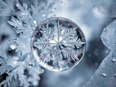 Frozen water droplet showing internal crystal structure