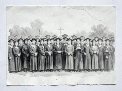 Ghost monoprint of graduation crowd, faded second pull showing ethereal ceremony