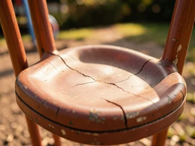 The rubber seat of a swing, cracked at the stress points where legs bend it, the