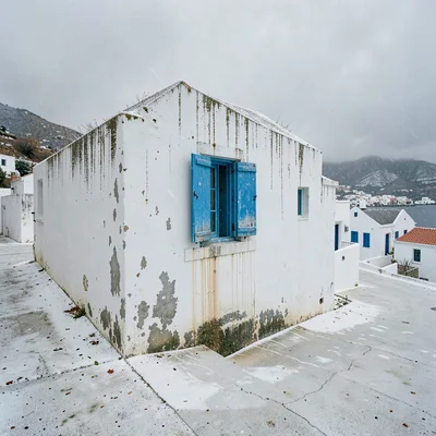 Shuttered Blue Window in Winter Rain