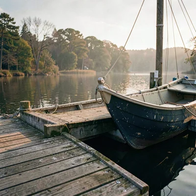 Atmospheric scene of a small dock with a canoe pulled up at the edge