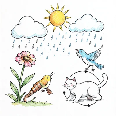 A doodle ecosystem: sun at top, cloud, rain, flower, worm, bird eating worm, cat