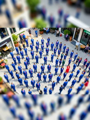 Office-tower tilt-shift photograph at lunchtime, saturated sapphire suits and cr
