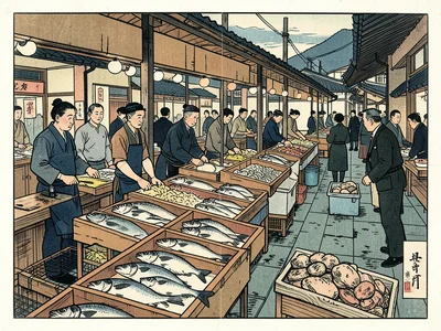 A fish market scene: vendors behind displays of whole fish and shellfish, the st