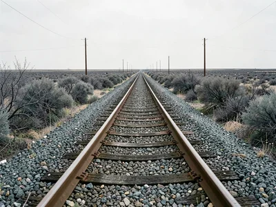Railroad track crossing a flat plain — no trains, just track, gravel ballast, sc