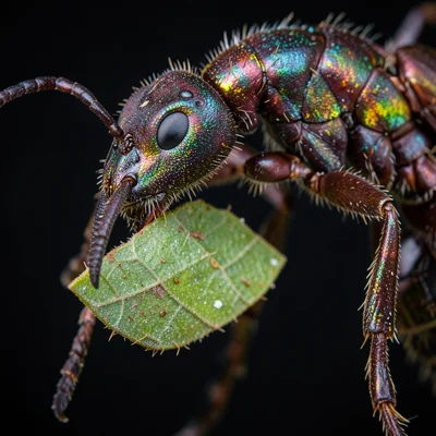 An ant carrying a leaf piece five times its size, the mandibles gripping the edg