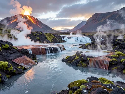 Volcanic otherworldly light in Iceland, the meeting of geothermal water and glac
