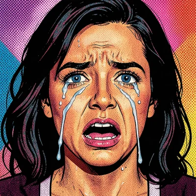 Halftone dot illustration, dramatic close-up of crying woman , Ben-Day dots, pop