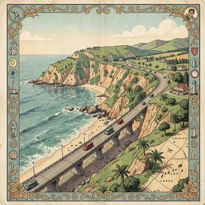 Illustrated map illustration, Pacific coast highway with beaches and cliffs , pi