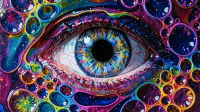Resin pour illustration, cosmic eye watching , fluid resin cells, organic bloom 