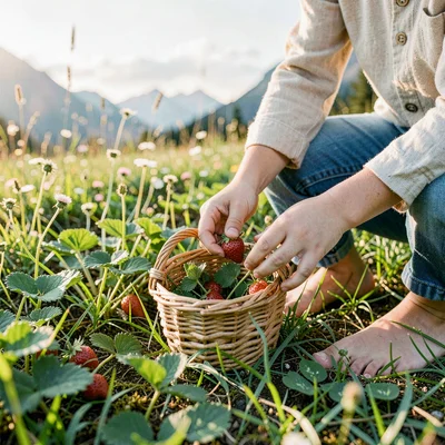 Fresh Alpine atmosphere, gentle pastoral quality, Child hands picking wild straw