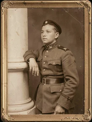 Soldier in uniform, hand resting on a prop column, gaze neither at camera nor qu