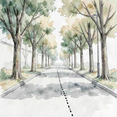 Inked illustration of a tree-lined boulevard with dotted line tracing a route, s