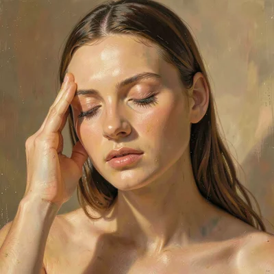 Soft portrait of a model with eyes closed, fingertip pressed to her temple, pain