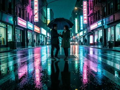 A couple sharing an umbrella crossing a neon-lit crosswalk, their reflection dou