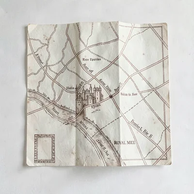 Folded walking-route map through the closes off the Royal Mile, fine sepia ink l
