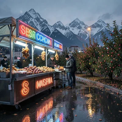 Tian Shan mountains behind Soviet Almaty, night market stall selling dried apple