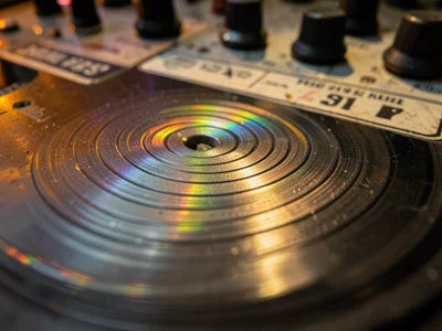 Vintage mixer knobs and faders, worn labels and patina on brushed aluminum