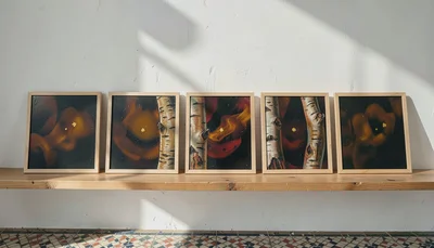 Oil painting on wood panel, luminous and intimate, Tunisian Mediterranean settin