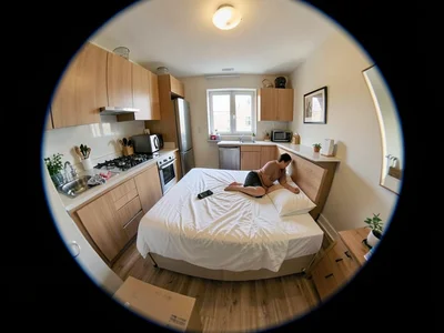 Entire studio apartment in single fisheye frame, bed touching kitchenette, perso