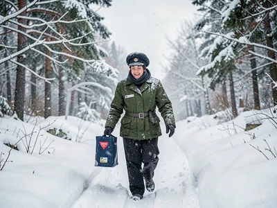 Mail carrier continuing route, flakes on hat, job continuing through weather