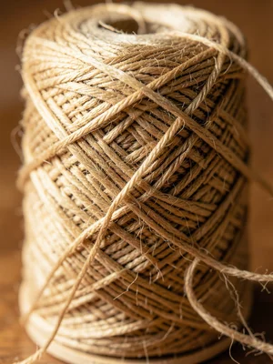 A spool of thread: the thread wound in a cross pattern, the end trailing, the co