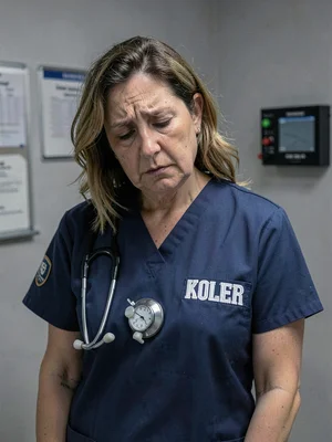 Nurse ending twelve-hour shift, flat grey light revealing exhaustion and quiet p