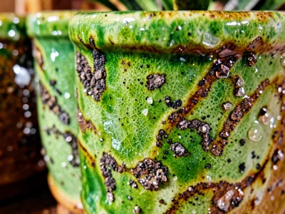 Row of handmade ceramic planters in graduating spring green tones