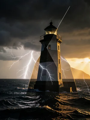 Lighthouse silhouette filled with stormy sea and lightning, double exposure