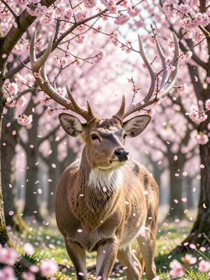 Deer with antlers made of cherry blossom branches, petals falling, spring forest