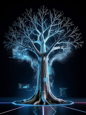 Tree with photorealistic trunk but branches dissolving into particle system