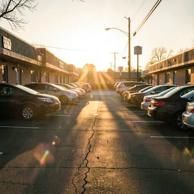 A strip mall parking lot turned sacred by golden hour glow