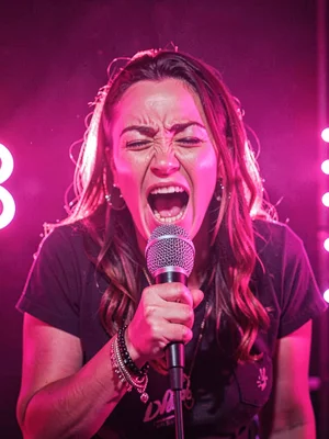 Woman screaming into a karaoke mic, the song terrible, the joy genuine, pink lig