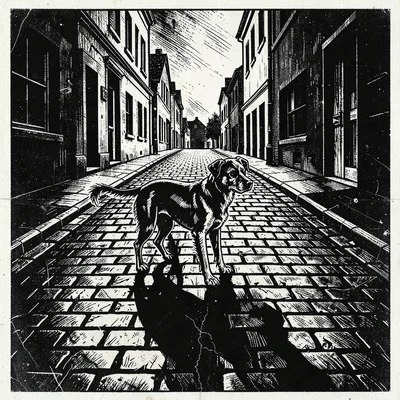 Dog alone on an empty street, angular shadow stretching across cobblestones