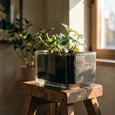 Quiet atmospheric ig-teaser of a single glazed planter on a wooden stool, warm l