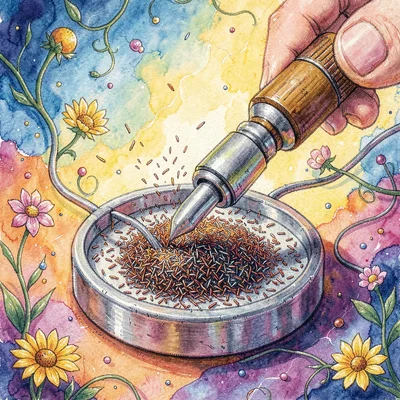 storybook painterly composition of a magnet pulling tiny iron filings