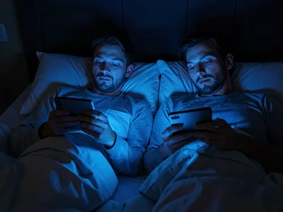 Couple in bed both on phones, parallel screen-gazing, the blue-lit together-alon