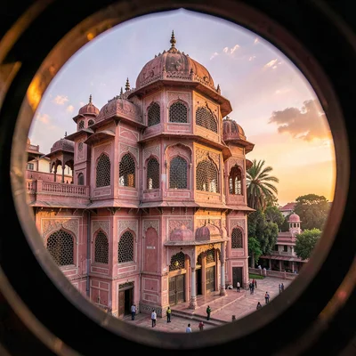 Through the Jaipur gem cutter's eye, faceted light, Hawa Mahal at sunset, the pi