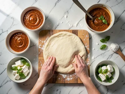 Pizza dough being stretched: hands pulling the dough, flour on the counter, bowl