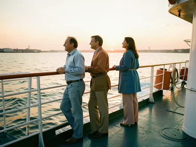 A ferry deck at sunset, three people at the railing looking out, each in a color