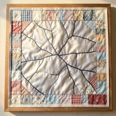 A frozen lake in white satin with dark blue cracks stitched in embroidery thread